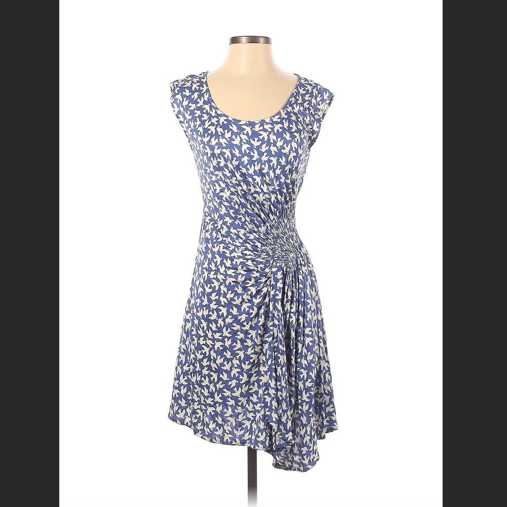 Anthropologie Leif Notes Blue Bird Gull Ruched Viscose Dress XS/S